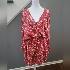 Vici Floral Long Sleeve Mini Dress Red Fit & Flare Stretch Waist V-Neck Large